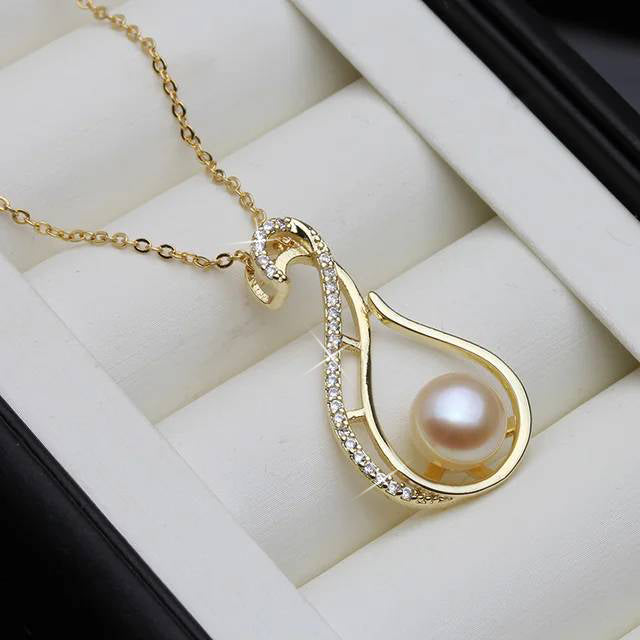 Designer Freshwater Pearl Twirl Simulated Diamond Necklace in Gold-2