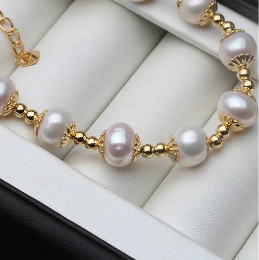 Genuine Freshwater White Pearl Bracelet in Gold-0