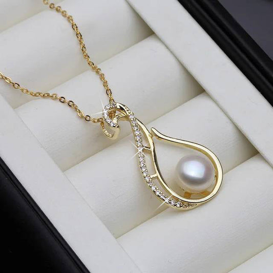 Designer Freshwater Pearl Twirl Simulated Diamond Necklace in Gold-0